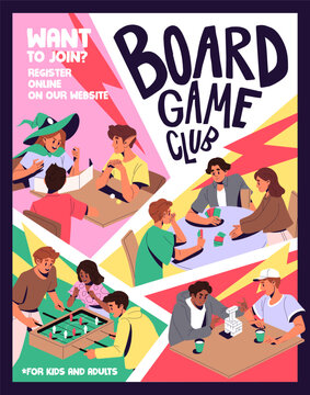 Board games event poster design. Advertising of boardgames club. Indoor activities for friends. Children play cards, table soccer, building tower. People have fun together. Flat vector illustration