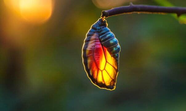 Monarch butterfly beginning to emerge from chrysalis during pupa stage of butterfly metamorphosis;