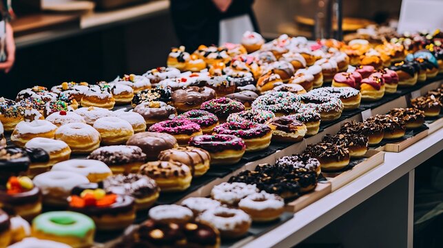 Colorful Display of Gourmet Donuts in a Bakery