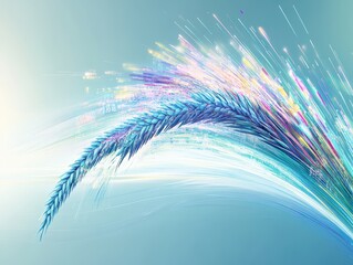 An abstract representation of wheat with colorful streaks, symbolizing growth and prosperity against a soft blue background.