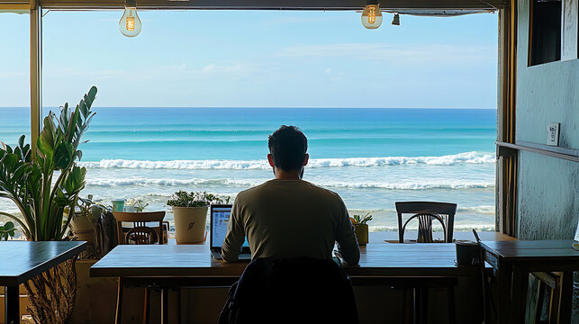  A digital nomad working on a laptop from a beachside caf&eacute;, with a scenic ocean view in the background, creating a relaxed and inspiring remote work setting 