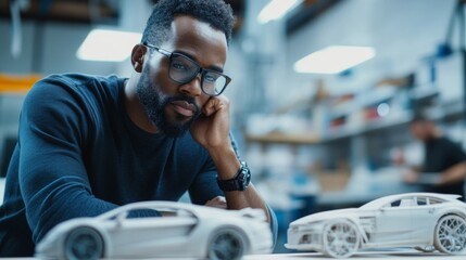 Fototapeta premium Man Contemplating Car Models in Workshop