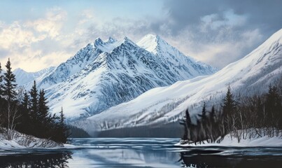 Obraz premium A painting of a snowy mountain range with a lake in the foreground