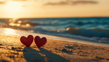 Fototapeta premium Two intertwined hearts on sandy shore, gentle waves at sunset, romantic beach moment, love and relaxation theme