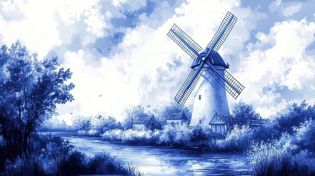 Blue and white porcelain-style windmill landscape painting, with a blue sky and clouds