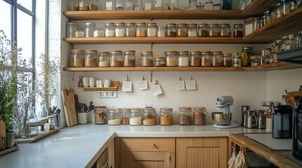 A kitchen countertop with glass jars of bulk food items like grains and nuts, reusable cloth bags, and wooden utensils, promoting zero-waste living 