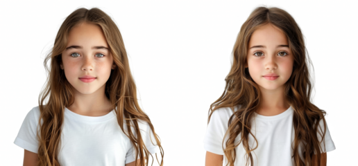 Three girls with long hair are smiling for the camera