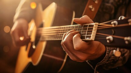 Fototapeta premium Close-up of guitar chords being played by a musician's hands on an acoustic guitar, highlighted by hard light with a blurred musical background.