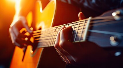 Obraz premium Close-up of guitar chords being played by a musician's hands on an acoustic guitar, highlighted by hard light with a blurred musical background.