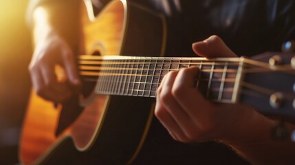 Obraz premium Close-up of guitar chords being played by a musician's hands on an acoustic guitar, highlighted by hard light with a blurred musical background.