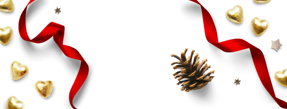 Design elements for Christmas background. Christmas tree cone, Golden candies and red ribbon on transparent background, flat lay, clipping path, real soft transparent shadow. PNG