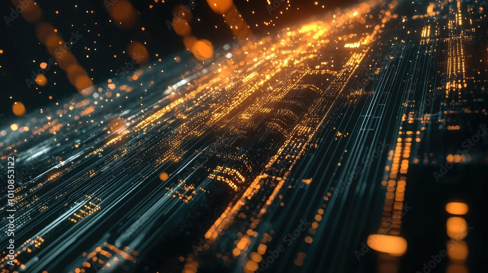 Poster digital 3d rendering of dynamic light trails and floating polygons on a dark background, perfect for