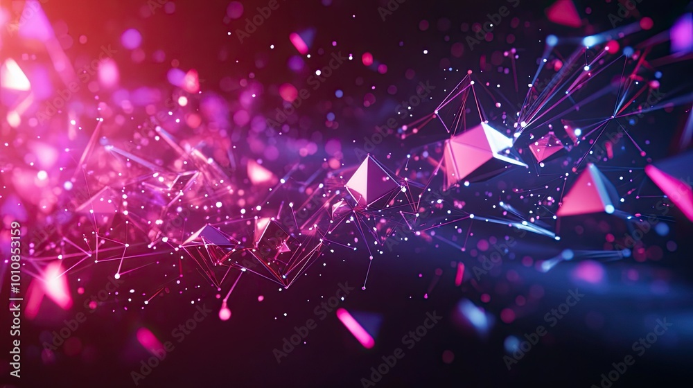 Poster digital 3d rendering of dynamic light trails and floating polygons on a dark background, perfect for