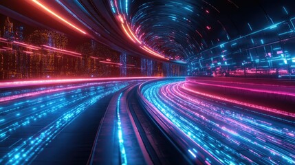 Fototapeta premium Digital background with a 3D rendering of light trails and geometric shapes, creating a futuristic and high-tech feel.