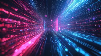 Digital background with a 3D rendering of light trails and geometric shapes, creating a futuristic and high-tech feel.