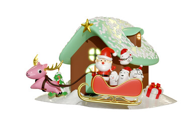 3d home with gift box, santa claus and cute monster friends, reindeer, sleigh, pine tree, merry christmas, happy new year, 3d render illustration