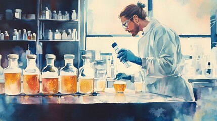 A Scientist Working in a Laboratory - Watercolor Painting.