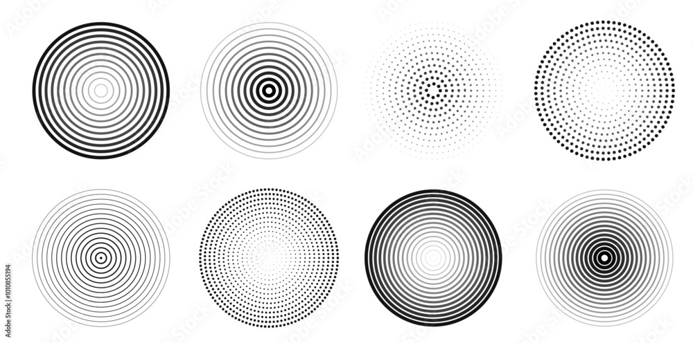 Poster Vector collection of sound wave concentric circles in halftone and linear style. Set of sonar waves, signal vibration, radar icon