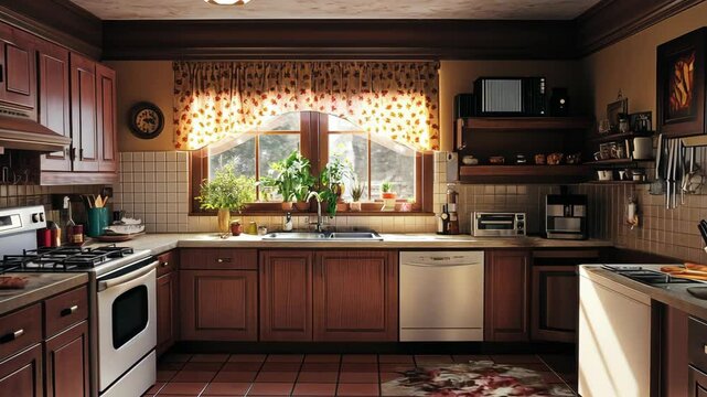 A kitchen with wooden cabinets, tile floors, and a window with curtains
