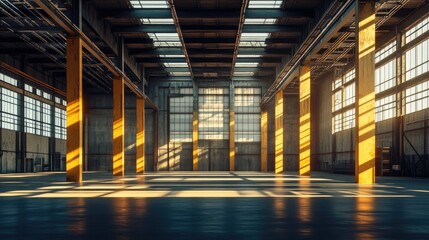 Empty industrial warehouse with exposed metal beams and wooden columns, bathed in warm sunlight streaming through large windows, creating dramatic light and shadow.