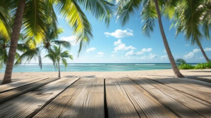 Empty wooden table with blurred beach background featuring palm trees and clear skies, evoking a peaceful tropical vibe perfect for summer themes.