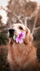 golden retriever puppy with a flower