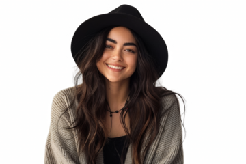 A woman with long brown hair is smiling and wearing a black hat