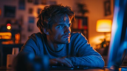Fototapeta premium Man Deep in Thought at Computer