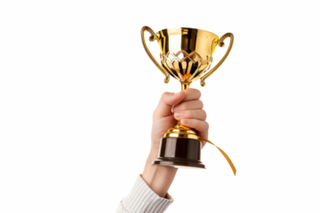 A person is holding a gold trophy in their hand