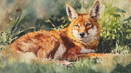 Obraz premium Watercolor Painting of a Fox in the Grass.