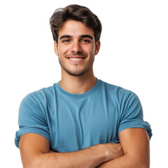 Obraz premium A man with a blue shirt is smiling and has his arms crossed