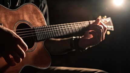 Fototapeta premium Hands strumming an acoustic guitar in a dim room, hard light emphasizing the texture of the guitar's wood and strings, with soft shadows in the background.