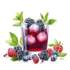 Glass of mixed berries juice with ice cubes, isolated on white background for a cool and refreshing appearance.