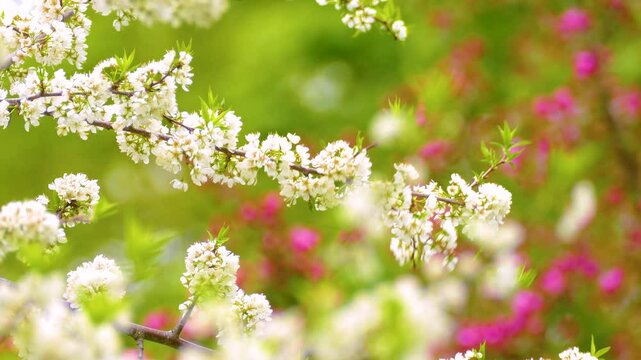 A Black-capped Chickadee peacefully perched on a blooming branch in a colorful spring setting, then flying away