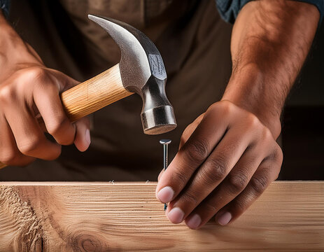 Close up de manos de un trabajador con un martillo y un clavo sobre una tabla de madera