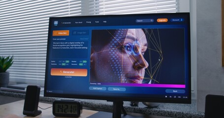 Adult man enters prompt in artificial intelligence chatbot on PC. AI video generator app generate detailed high-quality video of woman face with digital overlay. From text prompt to generated video.