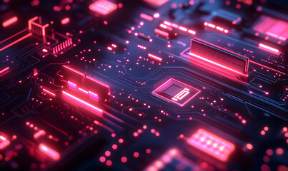 Obraz premium Close-up image depicts a futuristic circuit board with glowing data lines and digital interfaces, representing technology and innovation, AI chip. Neon light,