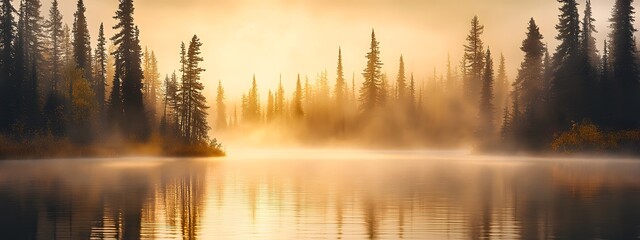 A serene lake surrounded by tall pine trees, reflecting the golden light of sunrise with mist rising from its surface