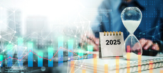 Happy New Year 2025 calendar and hourglass on table with businessman's resolution plan written on...