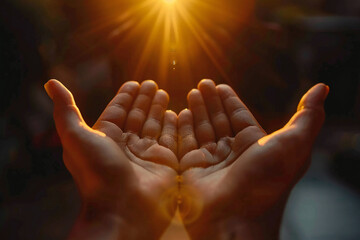 Hands holding a glowing star with radiant energy and light particles symbolizing hope and spiritual power






