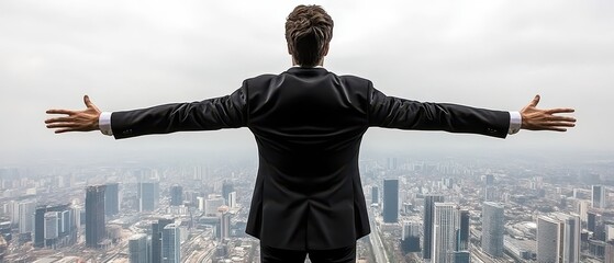 A business professional stands with arms outstretched, overlooking a cityscape, symbolizing ambition and achievement against a cloudy sky.