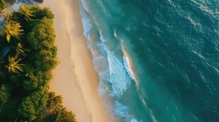 Stunning aerial shot of the Vietnam coastline, with gentle ocean waves washing onto the sandy shore, ideal for a tropical vacation background.