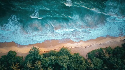 Stunning top-down view of a Vietnam beach with soft ocean waves gently reaching the shore, creating a natural and peaceful summer vibe.