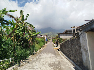 road with mountain background. rural road in mountain area with many trees which is cool and fresh