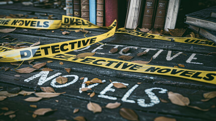 In an atmospheric bookstore, a yellow police tape with the words "DETECTIVE NOVELS" is stretched. A creative concept for the detective fiction genre