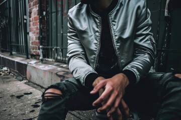 Dressed in a sleek satin bomber jacket, a man leans back in an alley, his relaxed posture reflecting the vibrant energy of urban life. The textured backdrop complements his style.