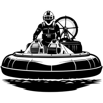recommend clip art: Hovercraft Adventure: A black and white illustration of a determined hovercraft pilot navigating the water, showcasing the thrill of this unique form of transportation. 