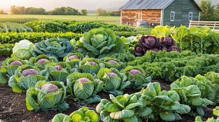 A picturesque farm scene featuring vibrant cabbages amidst lush vegetable rows, with a rustic barn under a warm morning light.