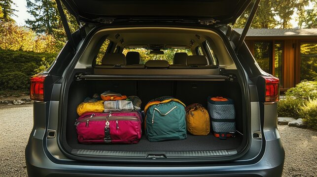The trunk of a modern SUV open wide, packed with camping gear, showcasing its generous space for family outings and road trips.