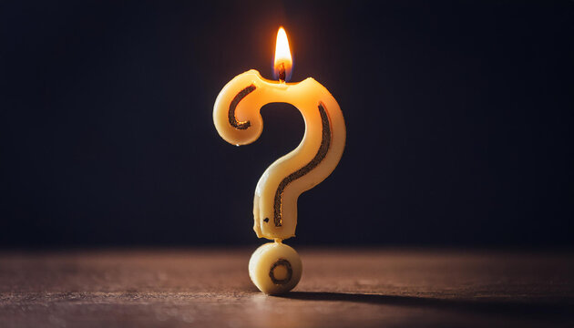 Candle in shape of question mark with flame. Dark backdrop. - Powered by Adobe